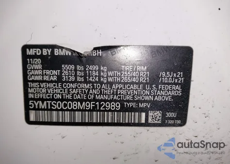 2021 BMW X3 M z USA, uszkodzony, nr VIN 5YMTS0C08M9F12989